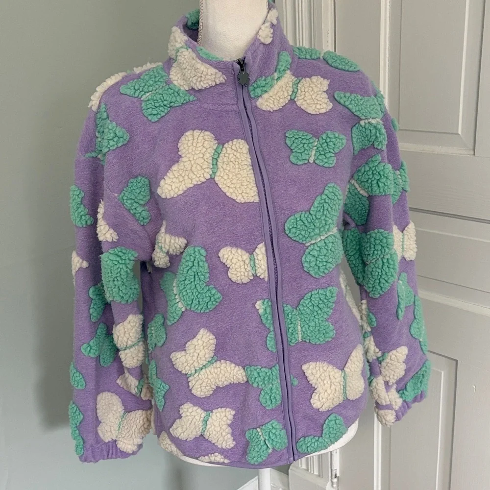 Lucky Brand Lavender Sherpa Jacket with Mint and Cream Butterfly Accents